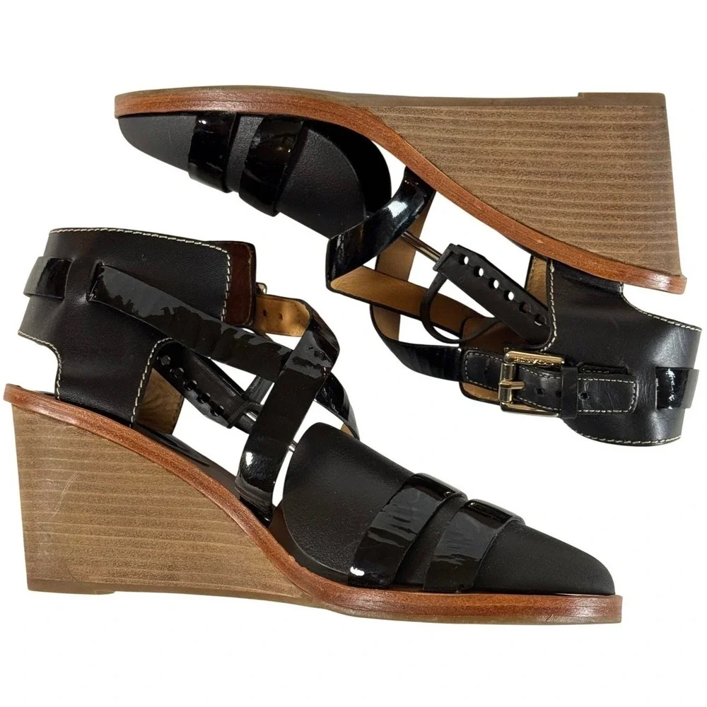 Coach Black Leather Patent Wedge Sandals Ankle Strap 3